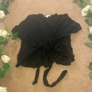 La Hearts Tie Front Bottom Flare Short Sleeve Black Blouse  / Size Small